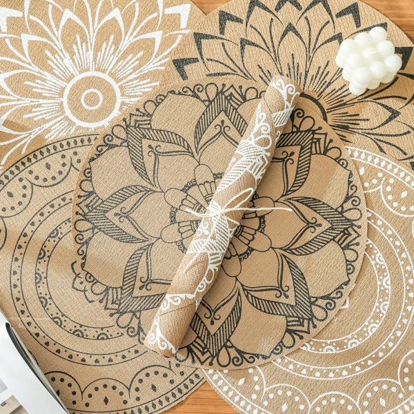 6 kpl Boho PVC pyöreät pöytäliinat ruokapöytään Mandala pöytäliinat Pestävä Lämpöä Kestävä Jute Retro pöytäkoriste (A)