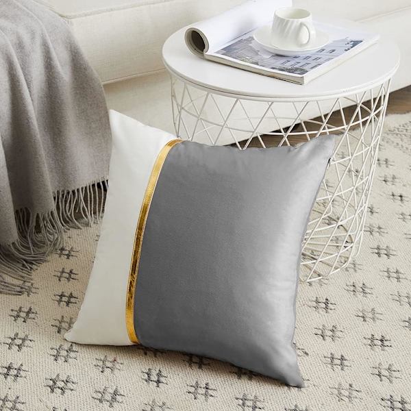2 Pakker Grå Dekorative Pynteputer Trekk 18x18 Tommer for Stue Sofa Seng, Fløyel Lappeteppe med Gull Lær, Luksuriøs Moderne 45x45 cm