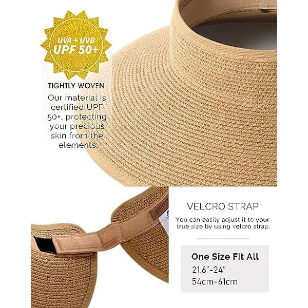 Solskærm Hatte til Kvinder Bred Skygge Halm Roll-Up Hestehale Sommer Strand Hat UV UPF Pakkelige Foldbare Rejser