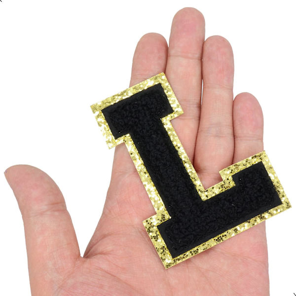 Englannin kirjain L - Silitysmerkit Aakkoset Ompelemissovellukset Vaatteiden merkit, Kultaisella glitter-reunuksella, Liima-taustatarra（Musta L）LMusta