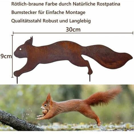 Ekorre - Metallhagedekorasjon - 30 cm - Naturlig rustpatina