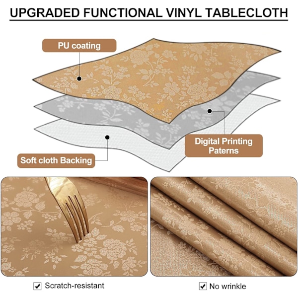 Vanntett vinylduk, firkantet, kraftig duk, avtørkbar duk til kjøkken og spisestue (brun, 54\" x 54\")