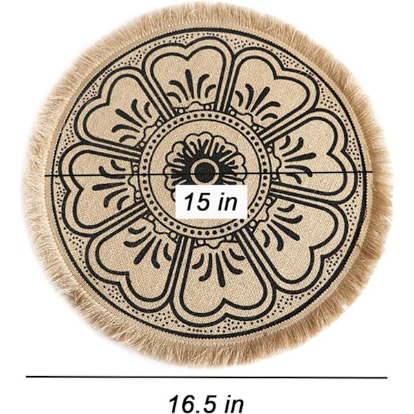 Runde vevde plassmatter i jute, sett med 6, 15 tommers bordmatter med frynser og pompom, gjenbrukbare bohemske bondegårds- og rustikke plassmatter (stil 5)