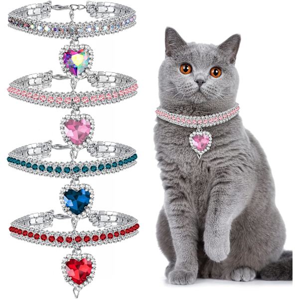 4 stk. Rhinestone Kattehalsbånd Hjerte Bling Breakaway Kattehalsbånd Justerbar Halsbånd Blødt Fløjl Killingehalsbånd med Rhinestone Kærlighedshjerte (7,9-9,8 tommer)