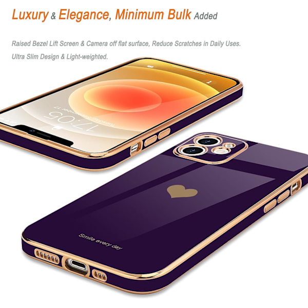 Kompatibel med iPhone 12 Skal för Kvinnor Flickor Söt Kärleks-Hjärta Lyx Bling Mjukt Baksida Skydd Upphöjd Full Kamera iPhone 12, Mörk Lila