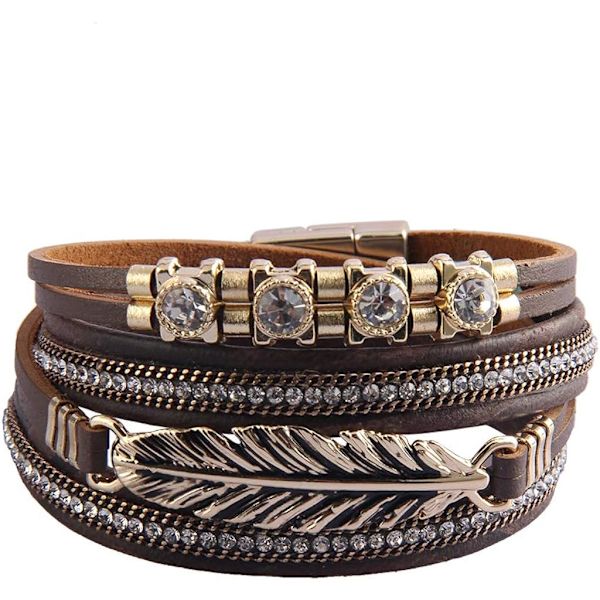 Heyone Dam Läder Manschett Armband Fjäder Multi Strand Armband Wrap Armband Turkos Boho Armband Flätad Läder