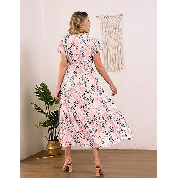 Sommarklänningar för kvinnor, wrap V-ringning, casual, lös, bohemisk blommig klänning, kortärmad, bältad, volang, A-linje, klänning EP1