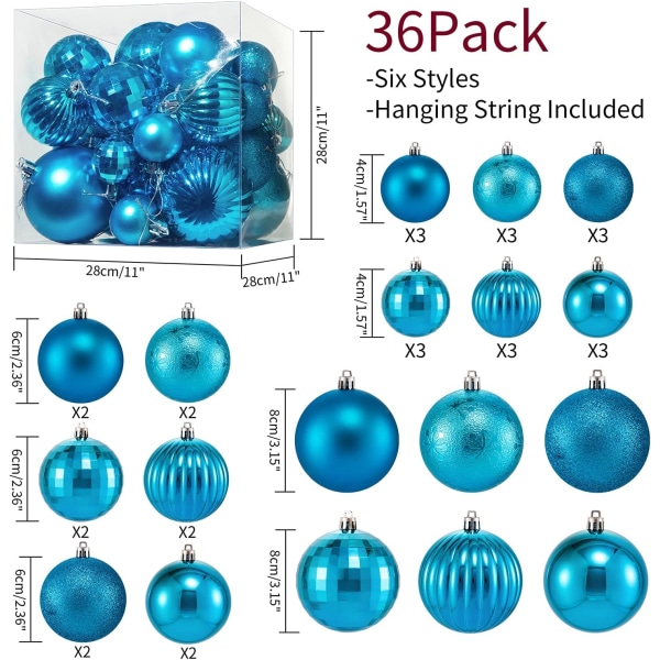 36Pack Christmas Balls, Shatterproof Christmas Ornaments Balls with Hanging Loop for Xmas Tree Decor Wedding Party Holiday, Sky Blue