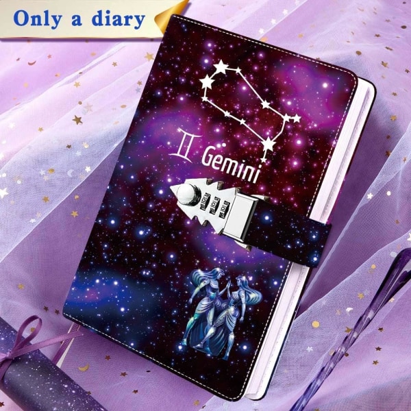 Constellation Starry Sky Diary med lås Hemlig dagbok för tjejer och kvinnor, påfyllningsbar personlig dagbok (8,5 X 5,9 tum) Tvillingarna