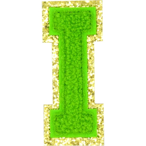 Englanninkielinen I-kirjain silitetään korjauspaikat Aakkoset Ompelu Applikaatiot Vaatemerkit, kultaisella kimalteleva reunus (vihreä I）IGgreen