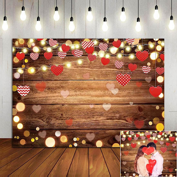 YQ Valentinsdag Baggrund Glitter Bokeh Brun Trævæg Røde Kærlighedshjerter Fotografi Baggrund Bryllup 5x3ft