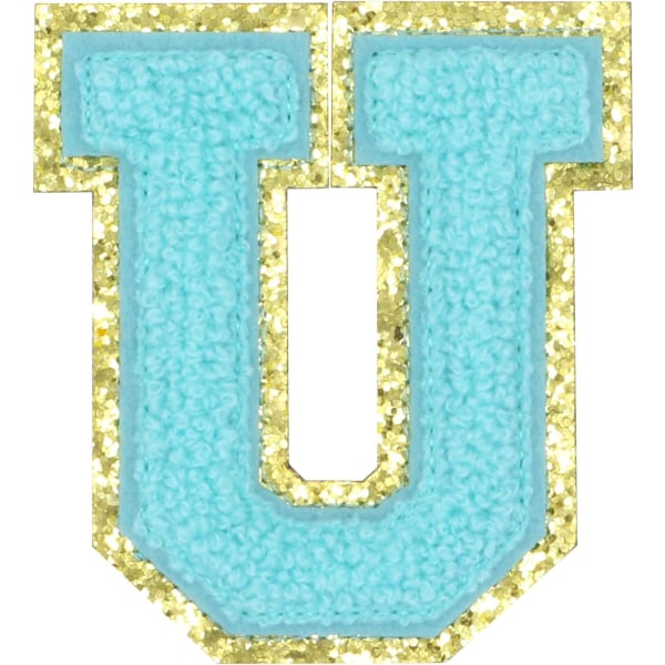 Engelska bokstaven U Stryk på reparationslappar Alfabetsömnad Applikationer Klädmärken, med guldglitterkant, självhäftande bakdekal（Blå U）UBlå