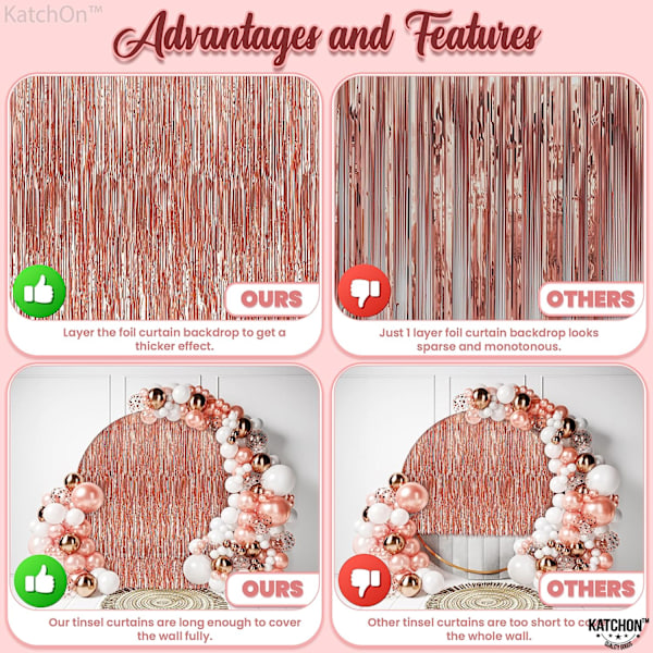 Rose Gold -värinen tupsuverho 6,4 x 8 jalkaa, 2 osaa, Rose Gold, Polttarikoristeet, Rose Gold -juhlat, Rose Gold -syntymäpäivätaustat