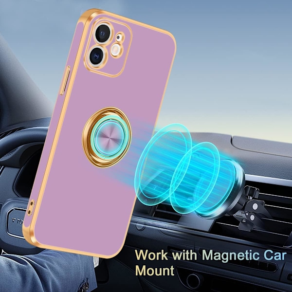 iPhone 12-fodral, iPhone 12-fodral med 360° ringhållare, smalt stativ, magnetiskt stöd för bilmontering, iPhone 12 6,1 tum, lila/guld