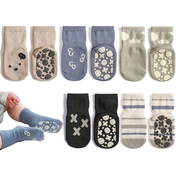 Småbarns sklisikre sokker, søte babysokker med grep Crew Sokker 5 par