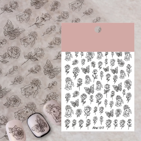 Påskekanin neglekunst klistremerke sommerfugl rose negleklistremerke 3D selvklebende motetrend glamour blomst negledesign negle 1 ark, rose og kanin