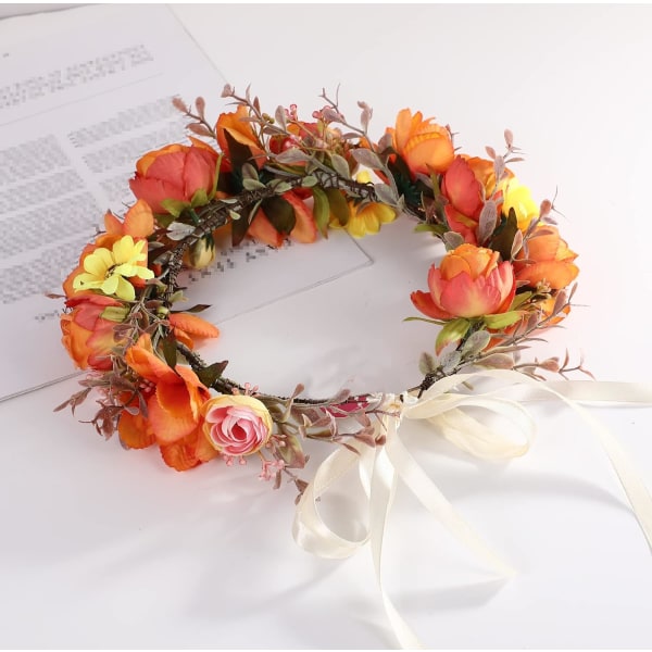 Kvinners blomsterkrone jente blomsterhodebånd hårkrans blomsterhodeplagg glorie boho med bånd bryllupsfest oransje