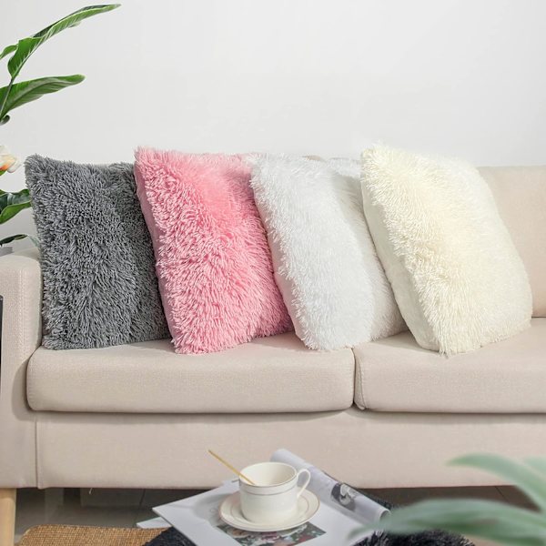 Ett set med 2 örngott, 18x18 krämvit fluffigt örngott, deluxe konstgjord päls fyrkantig soffkudde, soffa vardagsrum sovrum utan örngott