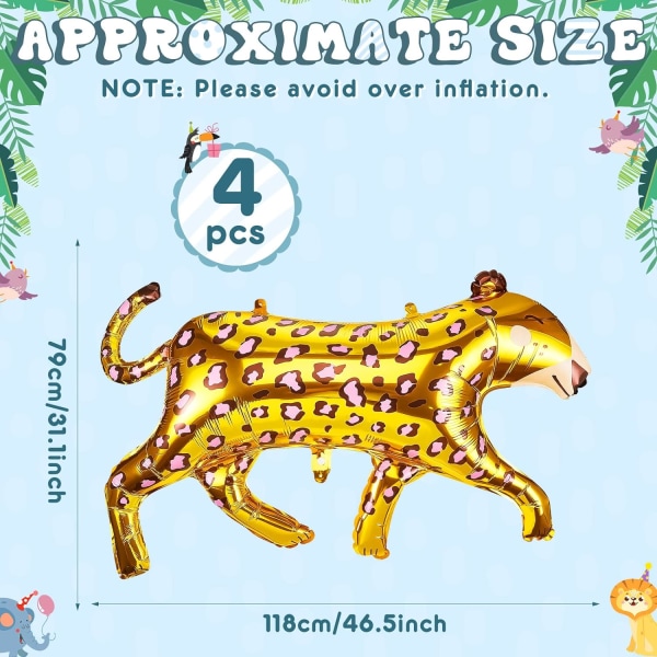 4 Pack Leopard Balloons Large Foil Cheetah Balloons Wild Cheetah Shaped Safari Balloons Cute 3D Animal Print Balloons Jungle  (Gold)