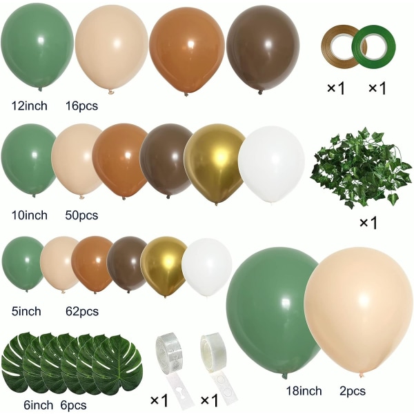 142PCS Salviagrön Brun Ballong Garland Kit, Djungel Safari Vild Woodland Ballongbåge, Olivgrön Guld Kaffe Kakao Ballonger