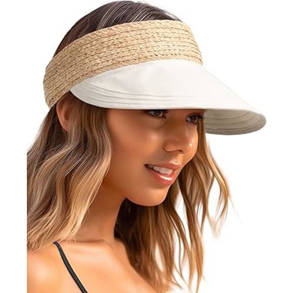 Solhatte af strå til kvinder, solhat med skygge til kvinder, sommerhatte til stranden, foldbar, rullbar hestehale solhat