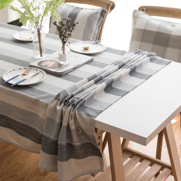 Rynkefri kjøkkenbordduk i bondehus-stil, bomullslinstoff, liten rektangulær duk, grå striper, rektangel, 55x70 tommer, 4 til 6 seter