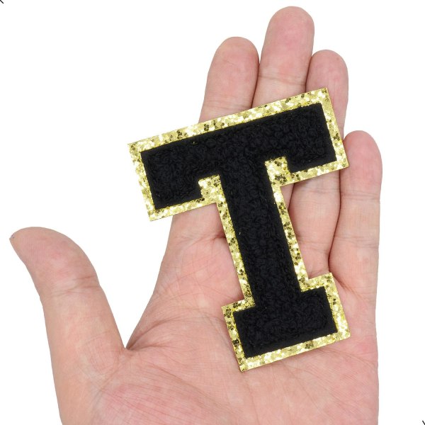 Engelska bokstaven T Stryk på reparationslappar Alfabetsömnad Applikationer Klädmärken, med guldglitterkant, självhäftande bakdekal（svart T）TBsvart