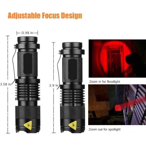 Röd LED-ficklampa Mini 3 lägen Zoombar jaktljusfackla för jakt, astronomi, mörkerseende, 2-pack