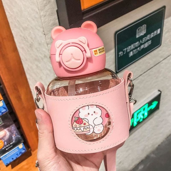 Kawaii vattenflaska söt pot mage kopp med kopphylsa med sugrör bärbar söt vattenflaska (rosa, 700 ml)