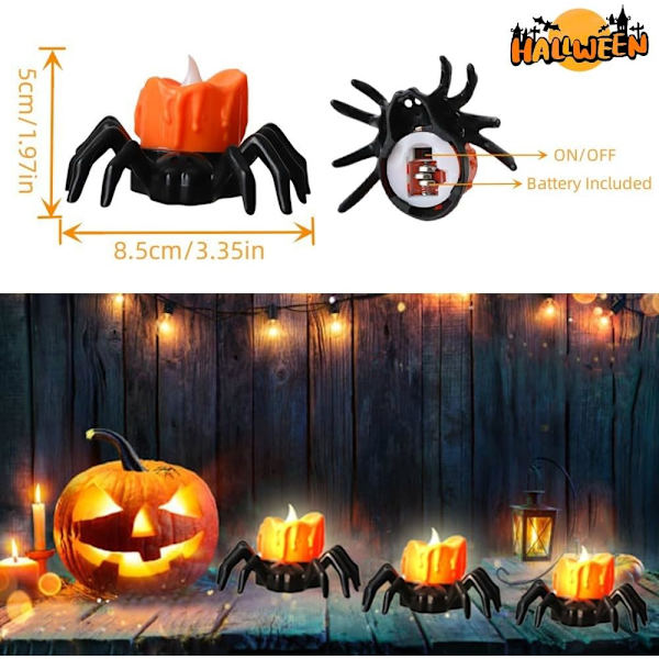 12-pakning edderkoppflammeløse stearinlys, Halloween edderkopp stearinlyslys, batteridrevne Halloween gresskarlys LED telys