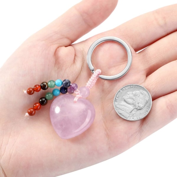 Natural Rose Quartz Heart Crystal Keychain 7 Chakra Healing Gemstone Key Ring Charm för kvinnor