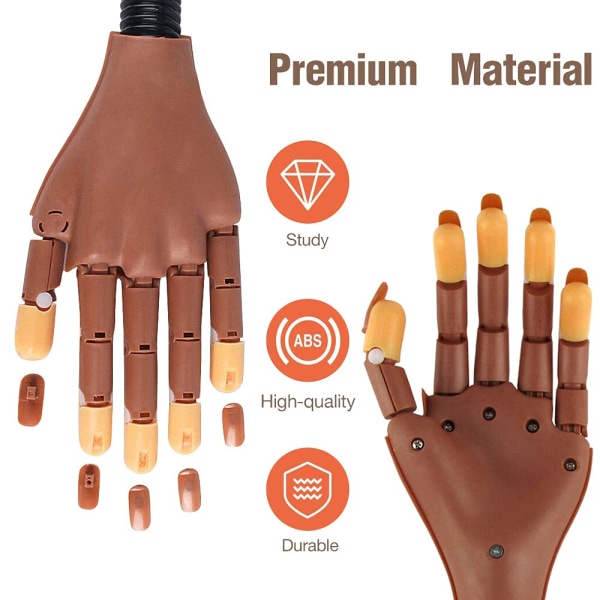 Träningshand för akrylnaglar, professionell nagelövningshand för träning, justerbar falsk falsk skyltdocka-hand med 100 st