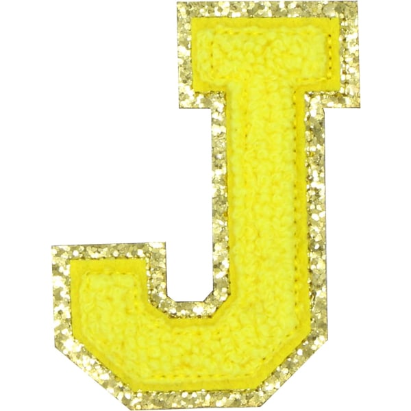 Engelska bokstaven J Stryk på reparationslappar Alfabetsömnad Applikationer Klädmärken, med guldglitterkant, självhäftande bakdekal (Gul J) JYellow