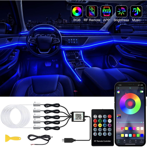 Interiör LED-strip-ljus för bil med trådlös APP och fjärrkontroll, RGB 5 i 1 Ambient Lighting Kit med 236 tums fiberoptik
