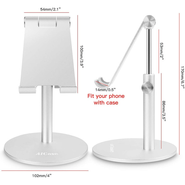 Teleskopisk justerbar iPad-holder, universell multivinkel aluminiumstativ kompatibel med iPhone Smart mobiltelefon/nettbrett/iPad (4-13 tommer), sølv