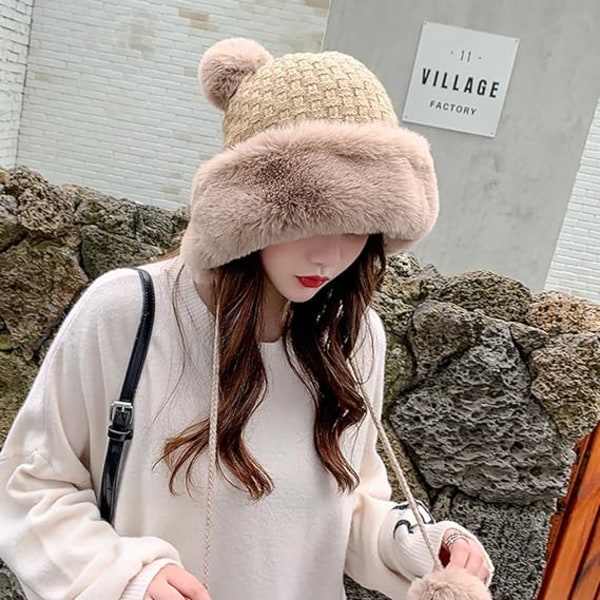Vinter Pompom Beanie Huer for Kvinner Fluffy Strikket Damelue Faux Fur Heklet Hodeskallelue Varm Bøtte Utendørs Ørevarmer