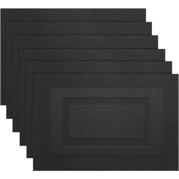 Bordstabletter, Tvättbara vävda vinylunderlägg för matbord, Lätt att rengöra Plastunderlägg Set med 6 (18" X12", Pure Black)
