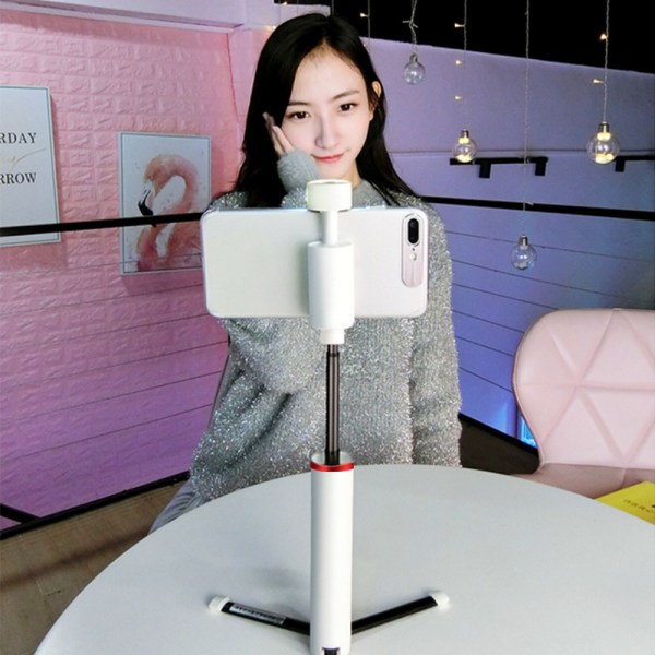 Selfie Stick-stativ, infällbar Selfie Stick med avtagbar Bluetooth fjärrkontrollslutare och fyllningsljus - Vit Röd