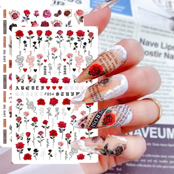 Blomster Nail Art Klistremerker Klistremerker 6 Ark Spring Rose 3D Selvklebende Negleklistremerker Blomster Rose Butterfly Design Negleklistremerker Tilbehør