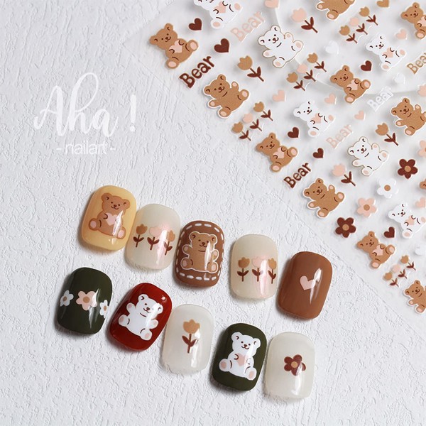 Sød Dyre Nail Art Sticker Lille Bjørn Negle Dekal 3D Selvklæbende Fashion Trend Glamour Blomst Negle Design DIY Negle  3 Stykke, Brun Bjørn