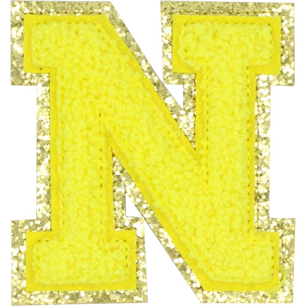 Engelsk bokstav N Stryk på reparasjonslapper Alfabetsøm Applikasjoner Klesmerker, med gullglitterkant, selvklebende klistremerke på baksiden（Gul N）NYGul