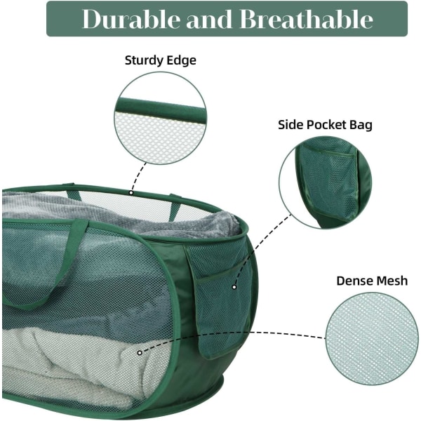 Robust Mesh Pop-Up Vaskeri Kurv, Sammenleggbar Vaskeri Kurver med Sidelomme, Foldbar Klær Kurv med