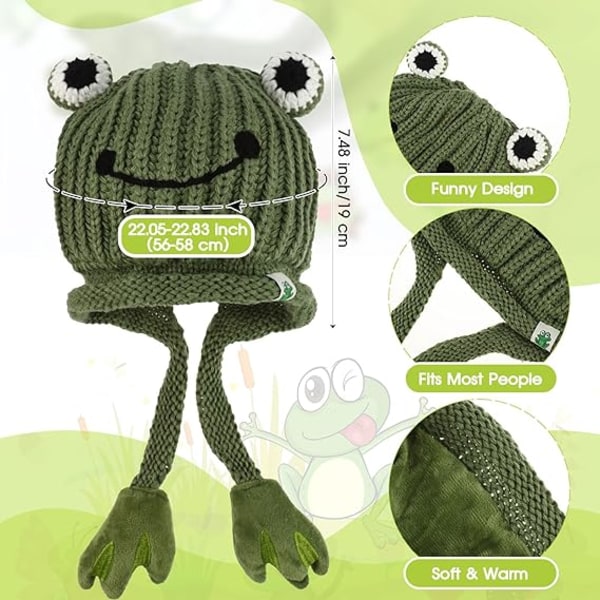 Cute Frog Hat Frog Knitted Winter Ear Protective Beanie Hats Green Crochet Hat Cartoon Frog Big Eyes Earflap Cap with 50 Frog Stickers