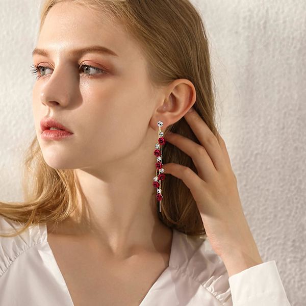 Röda ros tofsar långa örhängen 3D ros blomma drop örhängen CZ kristall strass ros mode uttalande dingla