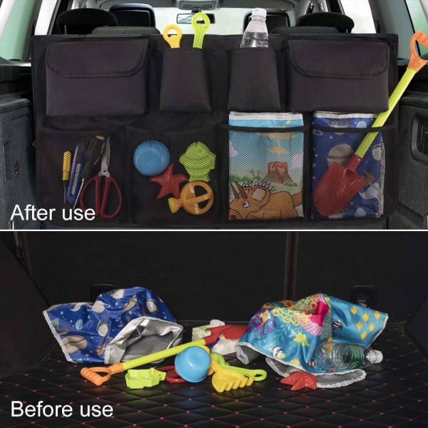 Auton tavaratilan järjestäjä monitaskuiseen lasten matkasäilytykseen, helppo puhdistaa ja kestävä taitettava, tilaa säästävä kokeilu.