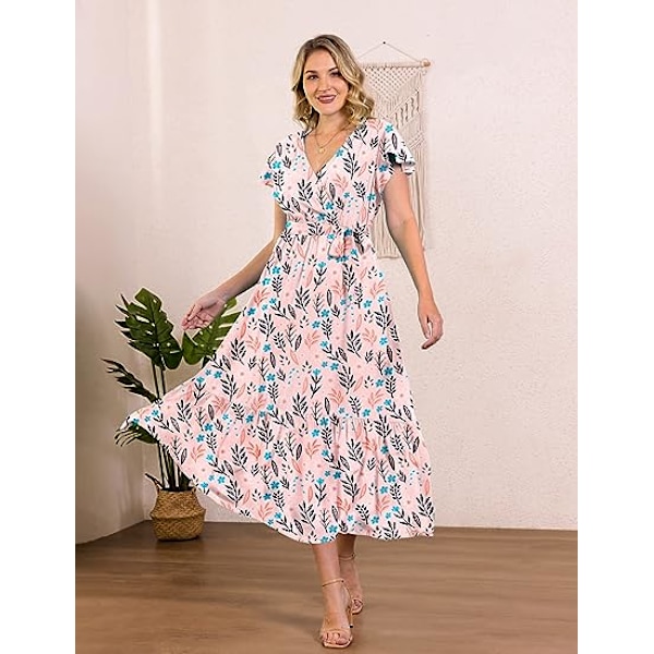 Sommarklänningar för kvinnor, wrap V-ringning, casual, lös, bohemisk blommig klänning, kortärmad, bältad, volang, A-linje, klänning EP1