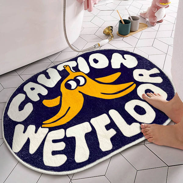 Badeværelsestæppe, Cartoon Bademåtte The Caution Wetfloor Bademåtte, Sød Oval Bademåtte, Interessant Bademåtte, Plys Absorberende, 23,6”x35,4”