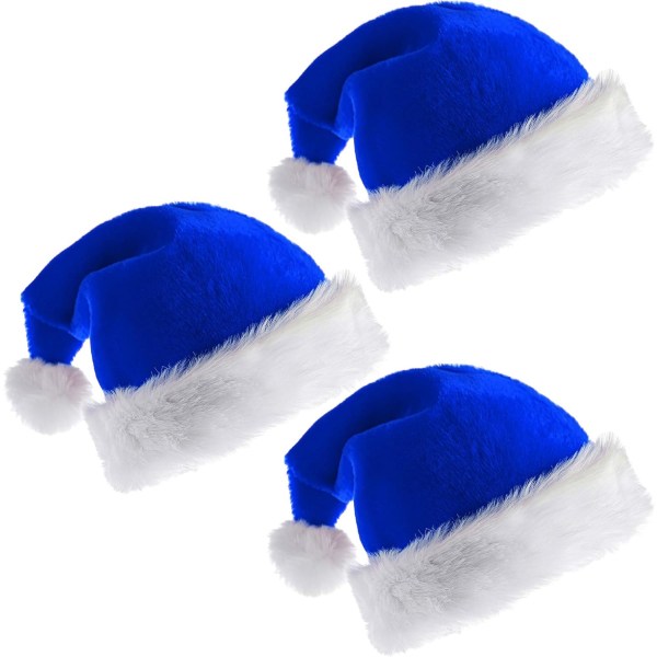 Heyone 3-pak nissehue til voksne Julehue Traditionel blå og hvid plys julenissehue til julefest