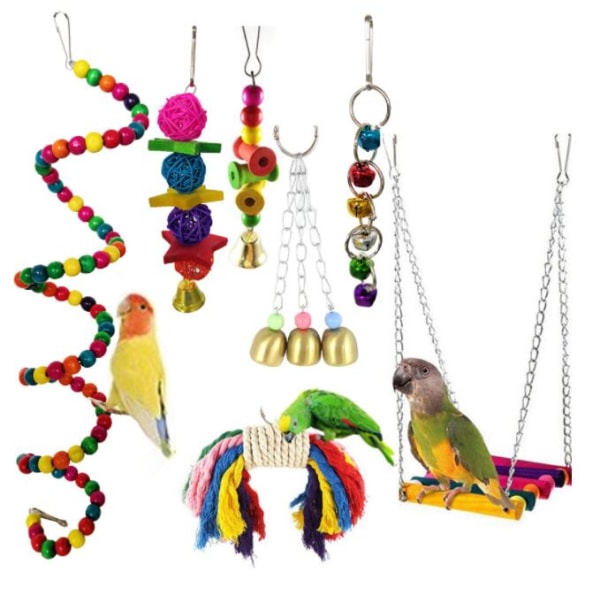 Fuglepapegøyeleker Lekesett for fuglebur, fargerike tygge- og hengende lekeklokker, stigegynge for små papegøyer, araer