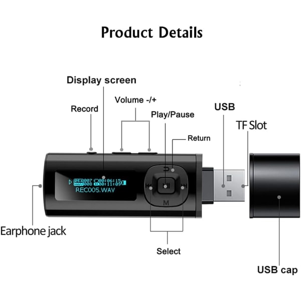 USB MP3-spiller Bluetooth 4.0 8GB musikkspiller med redigering Bærbar HiFi tapsfritt musikk MP3-spiller med FM-radio/opptaker